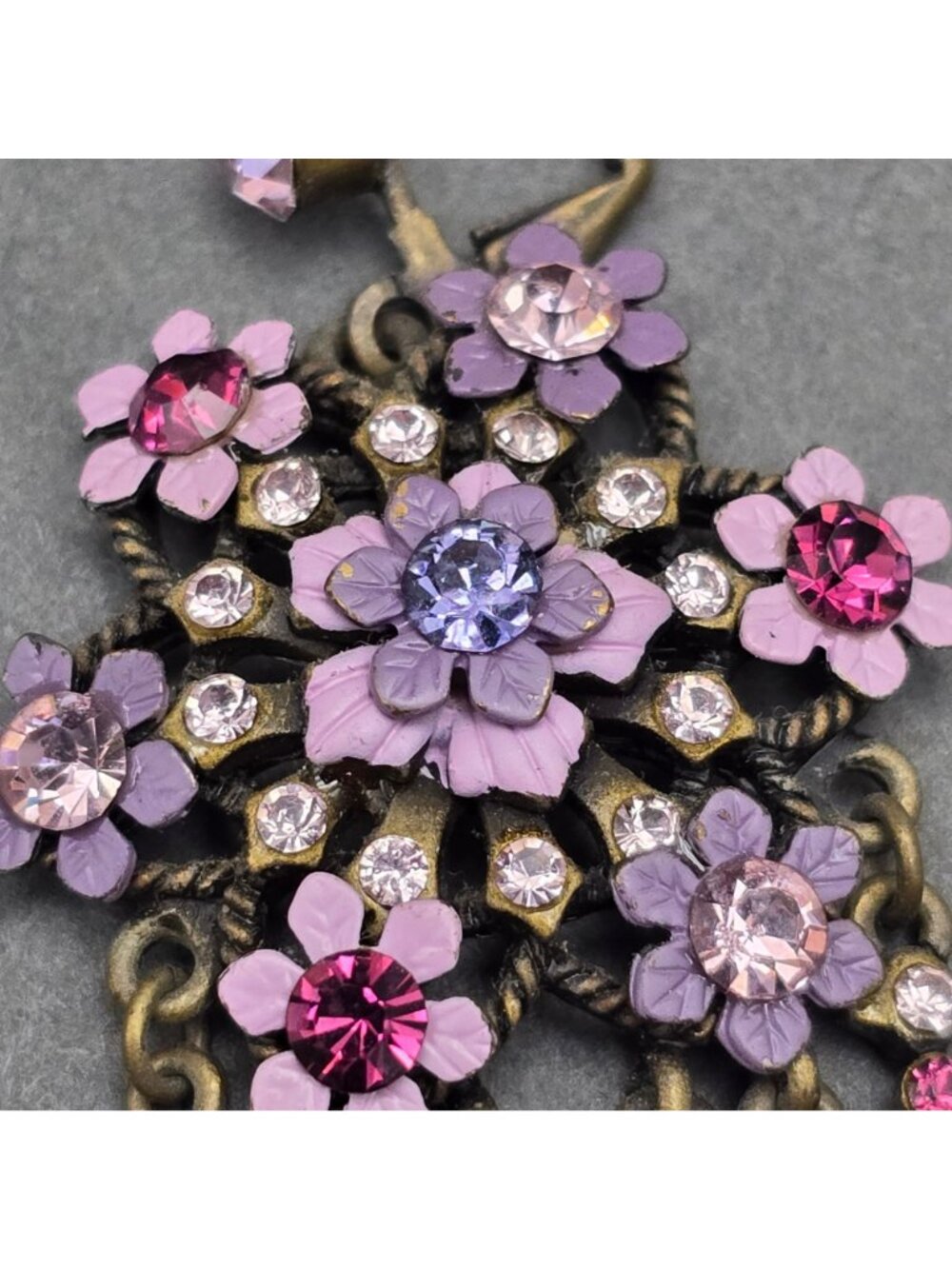 Vintage Michal Negrin Brass Dangle Earrings 4.75" Pastel Floral Crystal Drop - Picture 4 of 11